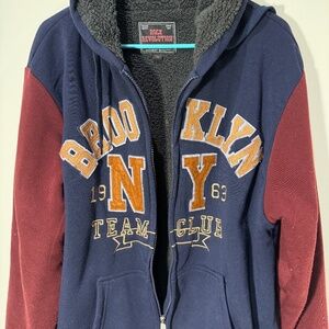 Rock Revolution - Women's Embroidered Hoodie, Faux Fur Lined, Navy/Maroon, XL.